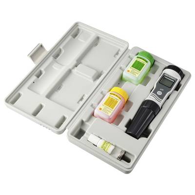 Ein Wassertest-Set mit einem digitalen Messgerät und zwei Lösungsflaschen, eine grün und eine gelb, in einem Schutzkunststoffkoffer.