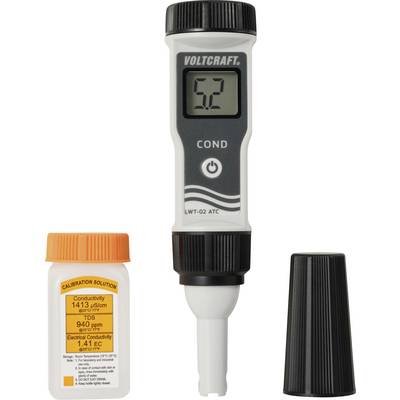 Ein digitales Leitfähigkeitsmessgerät zeigt '5,2' auf seinem Display. Es wird von einer Kalibrierlösungsflasche und einer Schutzkappe begleitet.