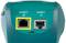Zwei Ethernet-Ports auf einem Netzwerkgerät, beschriftet als 'Port 1' und 'Port 2', in einem grünen Gehäuse.