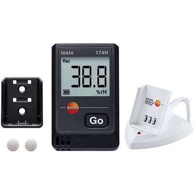 Datenlogger mit Anzeige '38,0 %rH', Halterung, Batterien und USB-Dock zur Messung und Dokumentation von Temperatur und Luftfeuchte.