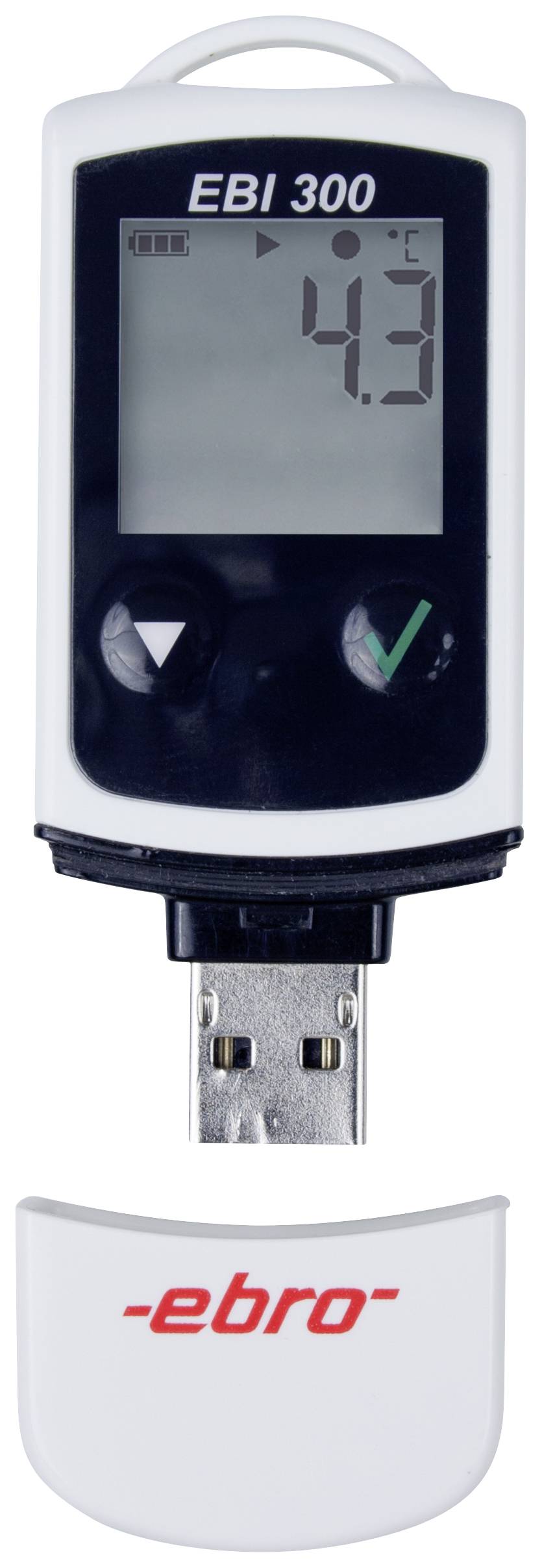 Temperaturdatenlogger mit USB-Stecker, Modell 'EBI 300', zeigt 4,3°C auf dem Display. Ideal zur Temperaturüberwachung.