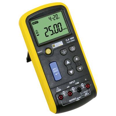 Ein gelbes Multimeter zeigt auf dem Display '25,00 mA'. Es verfügt über mehrere Tasten und Anschlüsse zur Messung elektrischer Parameter.