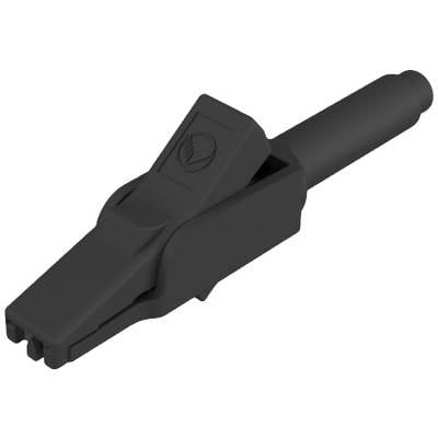 Ein schwarzer Krokodilklemmenstecker mit abgerundeter Spitze und Griff. Eignet sich zum sicheren Anschluss an elektronische Geräte.