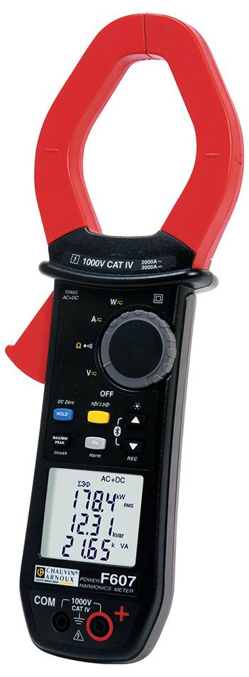 Digitales Zangenmultimeter mit rotem Griff, zeigt Werte für Spannung, Strom und Widerstand auf einem beleuchteten Display.