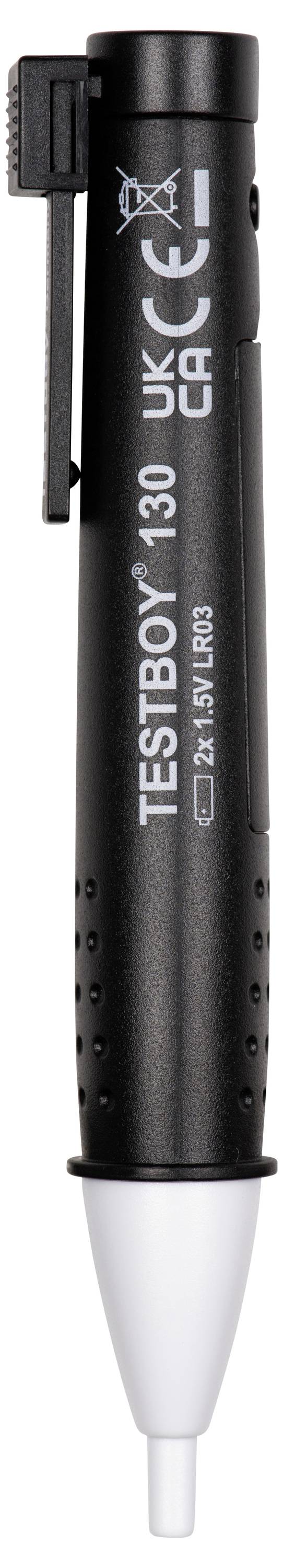 Ein schwarzer Prüfgerätstift mit der Aufschrift 'TESTBOY 130 UK'. Er besitzt einen Clip und eine weiße Spitze.