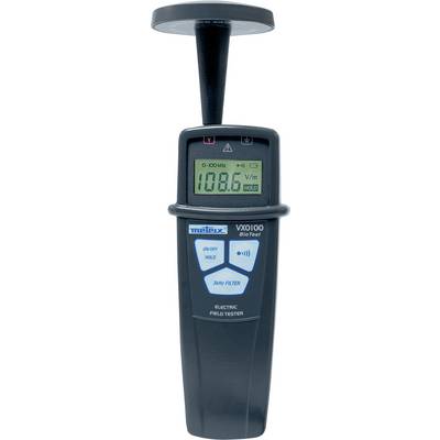 Messgerät zur Messung elektrischer Felder, zeigt auf dem Bildschirm '108,6 V/m'. Marke: MetraX, Modell: VX0100.