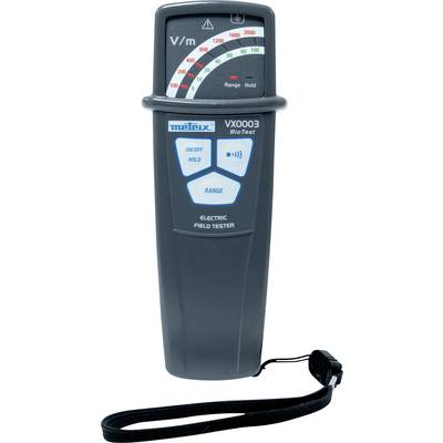 Elektrisches Feldmessgerät mit Display zeigt Werte in Volt pro Meter. Tasten für An/Aus und Bereich. Trageschlaufe unten.