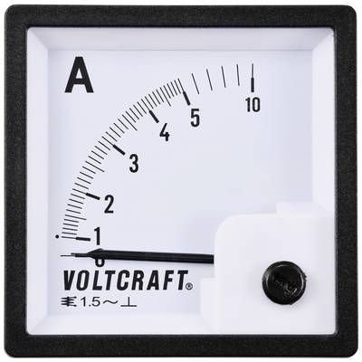 Analoges Amperemeter mit Voltcraft-Logo zeigt Stromstärke von 0,1 A an. Skala von 0 bis 10 A sichtbar.