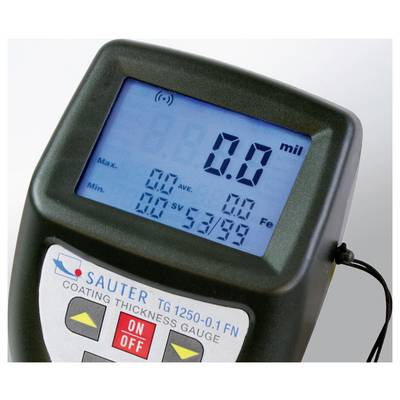 Digitales Gerät zur Messung der Schichtdicke mit blauem Display. Zeigt Werte in 'mil' an. Marke 'Sauter', Modell 'TG 1250-0.1 FN'.