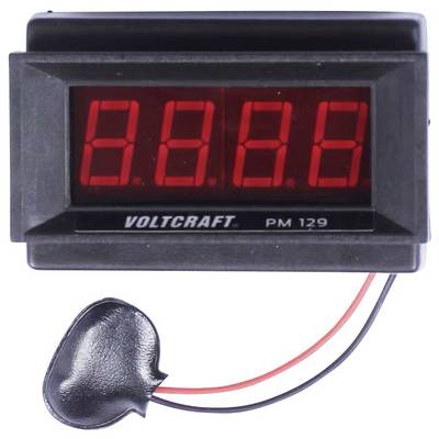 Digitales Voltmeter mit roter LED-Anzeige, zeigt '8.8.8.', verbunden mit einem schwarzen Temperatursensor. Modell 'Voltcraft PM 129'.