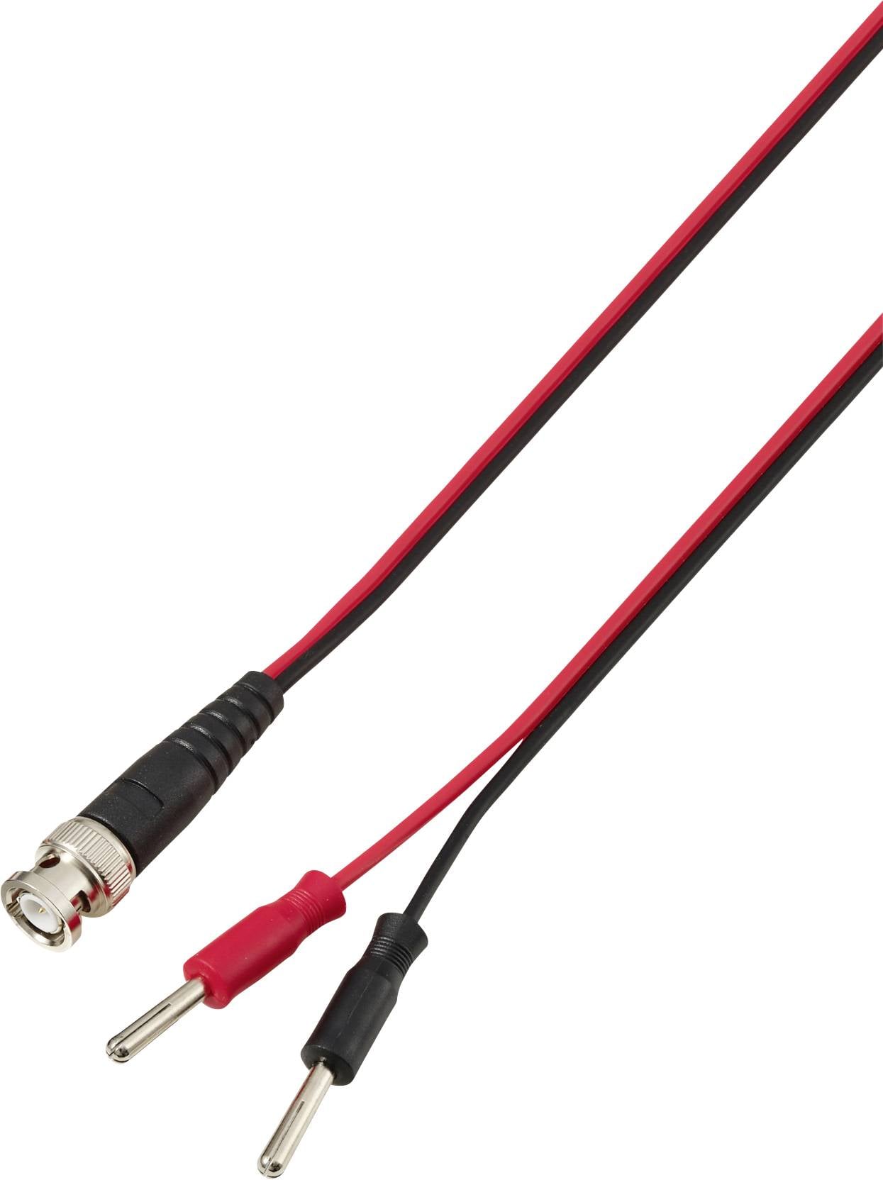 Rote und schwarze Prüfleitungskabel mit einem BNC-Stecker und Bananensteckern auf einem weißen Hintergrund, verwendet für elektrische Messungen.