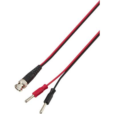 Rote und schwarze Prüfleitungskabel mit einem BNC-Stecker und Bananensteckern auf einem weißen Hintergrund, verwendet für elektrische Messungen.