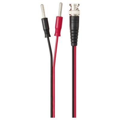 Zwei Bananenstecker, einer schwarz und einer rot, verbunden mit einem BNC-Anschluss über schwarze und rote Kabel.