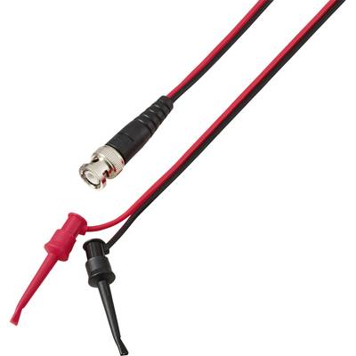 Rote und schwarze Prüfkabel mit BNC-Stecker und Krokodilklemmen, zum Anschluss elektrischer Geräte an Messausrüstung.
