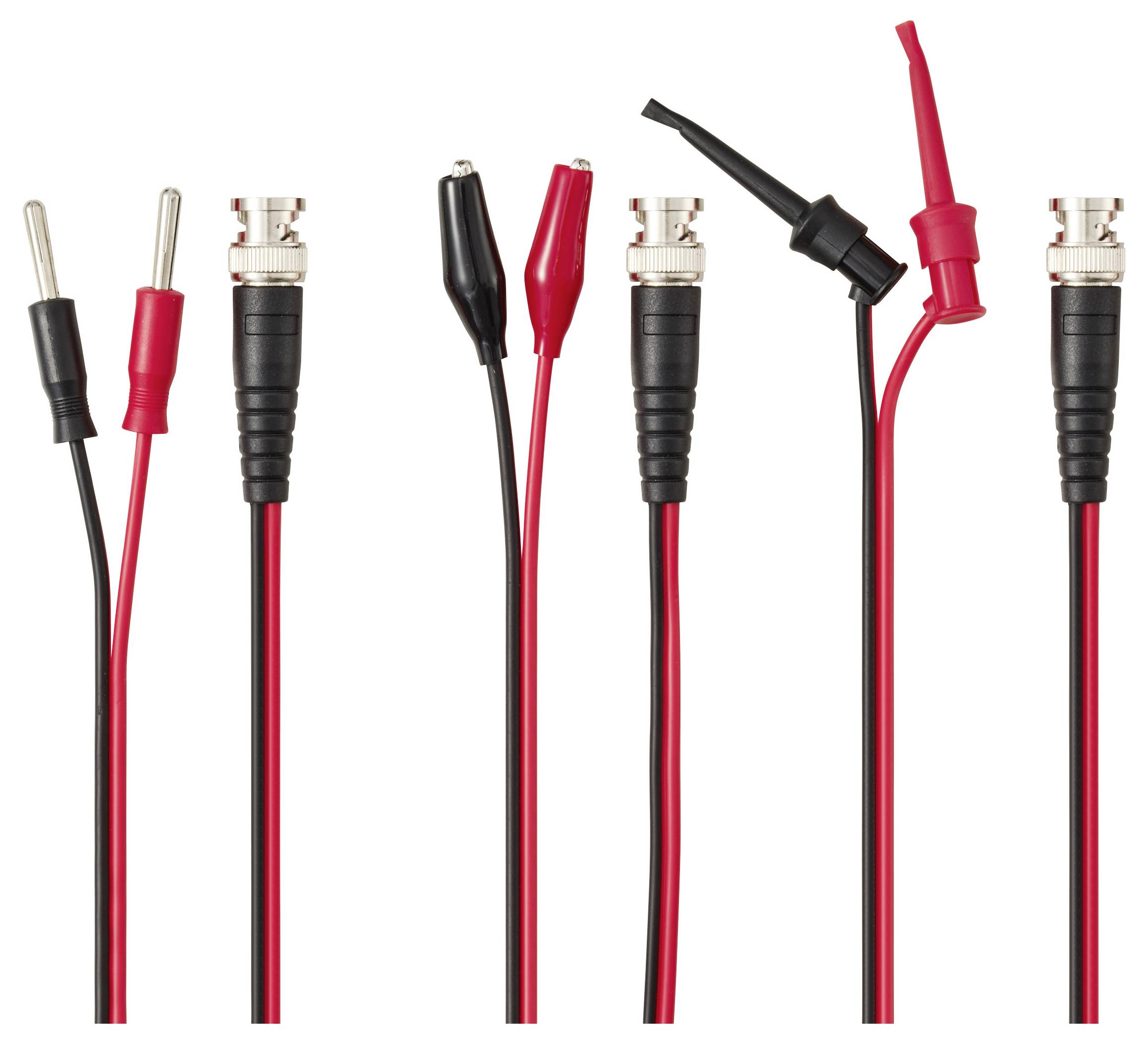 Vier Sätze roter und schwarzer Prüfkabel mit Krokodilklemmen und Bananensteckern, verwendet für elektrische Prüfungen und Messgeräte.