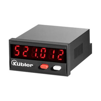 Kubler Digitalzähler-Display zeigt rote Zahlenanzeige '521.012' mit zwei vorderen Tasten auf einem schwarzen Bedienfeld.