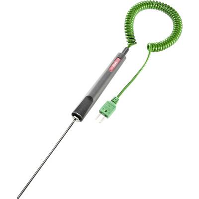 Temperatursensor mit grünem, spiraligem Kabel und einem Metallstab, der zur Temperaturmessung verwendet wird.