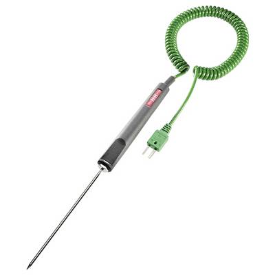 Ein Temperaturfühler mit langem Metallstift, schwarzem Griff und grünem Spiralkabel mit Stecker, zur Messung von Temperaturen.