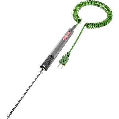 Ein langer Metall-Thermometerstab mit grünem, spiralig gerolltem Kabel. Besonders geeignet zur Messung von Temperaturen beim Kochen.