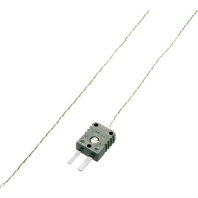 Ein grüner Thermoelementsensor mit zwei Anschlusspins und isoliertem Draht, der zur Temperaturüberwachung verwendet wird.