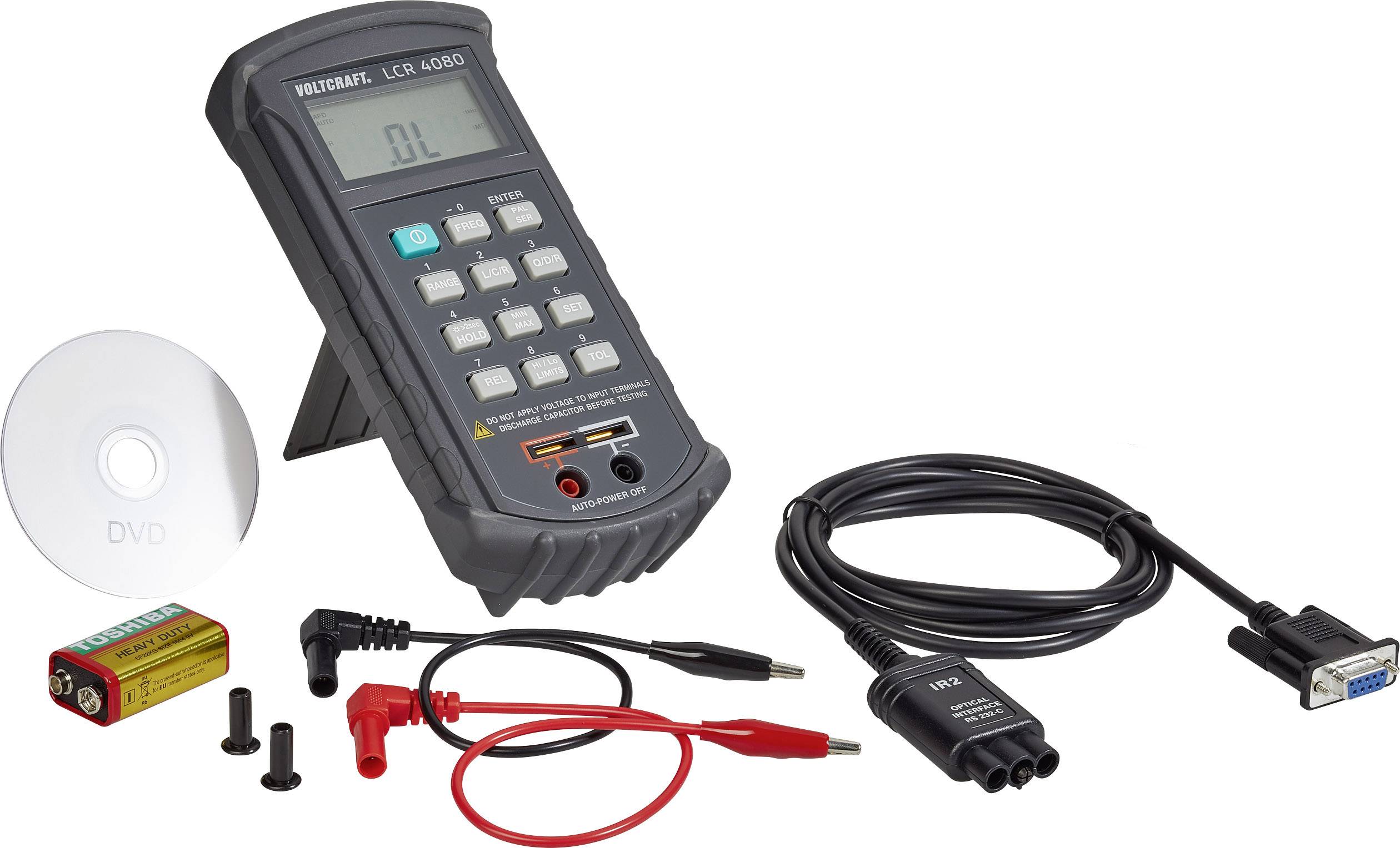 Multimeter mit Zubehör: LCR-Messgerät auf Ständer, Kabel mit Klemmen, Batterie, USB-Kabel, DVD, schwarzer Steckadapter.