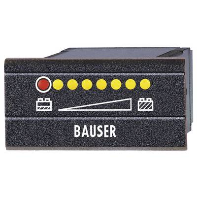 'Bauser'-Anzeigegerät mit gelbem LED-Display und zwei Batteriesymbolen auf schwarzem Hintergrund.