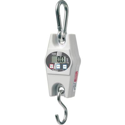 Eine digitale Hängewaage mit Haken und Karabiner zur Gewichtsanzeige in kg. Display zeigt '0.0' an.