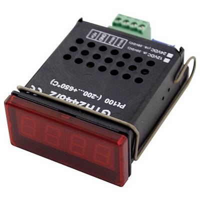 Ein digitales Voltmeter mit einem schwarzen rechteckigen Gehäuse, rotem Display und grünen Anschlussklemmen oben, verwendet zum Messen von Spannung.