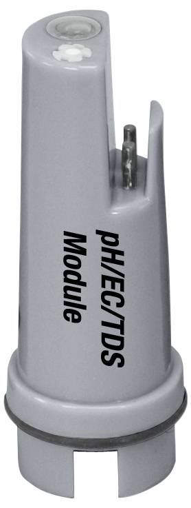 Ein graues pH/EC/TDS-Modul mit der Aufschrift „pH/EC/TDS Module" auf der Seite. Es hat eine zylindrische Form mit zwei Metallelektroden.