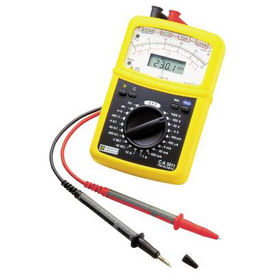 Ein gelbes Multimeter misst eine Spannung von 230,1 Volt. Schwarze und rote Messleitungen sind angeschlossen.