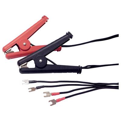 Rotes und schwarzes Starthilfekabel mit Krokodilklemmen und Gabelanschlüssen, verwendet zum Überbrücken von Autobatterien.