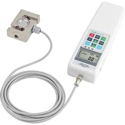 Kraftmesser mit Digitalanzeige zeigt '0,0'. Verbunden ist ein flacher Metallkraftsensor mit rundem Zentrum, geeignet zur Kräfteprüfung.