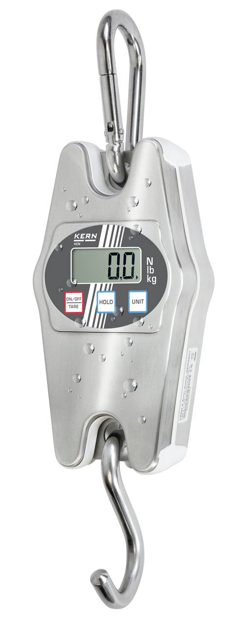 Elektronische Hängewaage aus Metall mit digitalem Display, zeigt '0.0' an, mit Karabinerhaken oben und S-Haken unten.