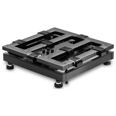 Ein schwarzer, quadratischer mechanischer Präzisionstisch mit feinjustierbaren Schrauben an den Ecken für exakte Positionierung.