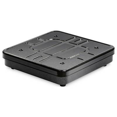 Schwarze quadratische Plattform aus Metall mit rutschfesten Füßen, geeignet zur Stabilisierung oder Platzierung von Geräten.