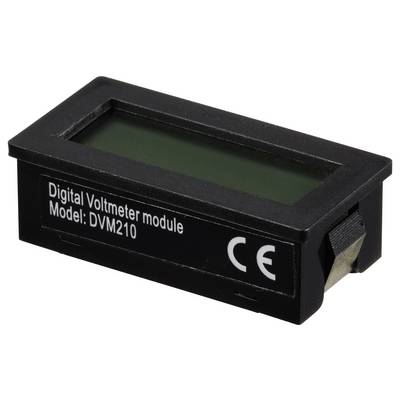 Schwarzes digitales Voltmeter-Modul mit der Aufschrift 'Digital Voltmeter module Model: DVM210' und CE-Kennzeichnung.