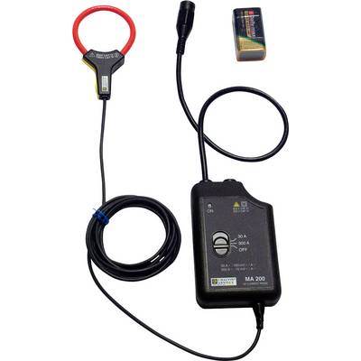 Ein Zangenstromwandler mit roter Messschleife, schwarzem Steuergerät und Batterie. Geeignet für Strommessungen bis 300 A.