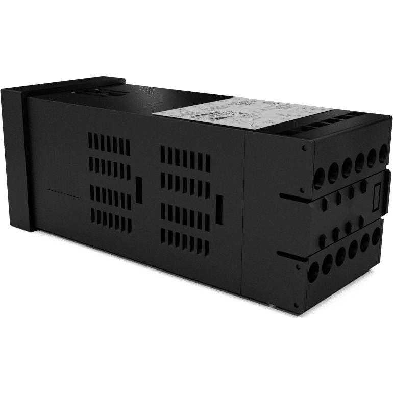 Schwarzes elektronisches Gerät mit rechteckiger Form und mehreren Anschlüssen auf der Seite. Oberseite enthält ein Etikett mit Text.