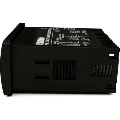 Ein schwarzes elektrisches Gerät mit verschiedenen technischen Symbolen auf der Oberfläche, wahrscheinlich ein Regler oder Transformator.