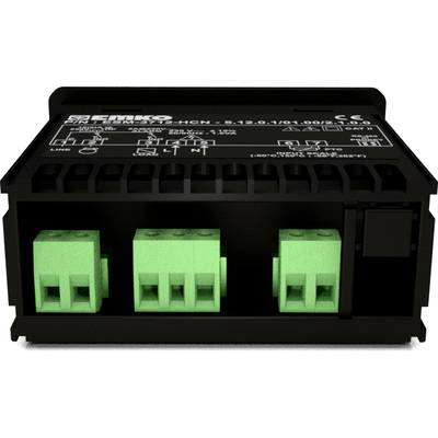 Schwarze Elektronikschaltbox mit grünen Anschlussklemmen, wahrscheinlich ein Steuergerät für technologische Anwendungen oder Installationen.