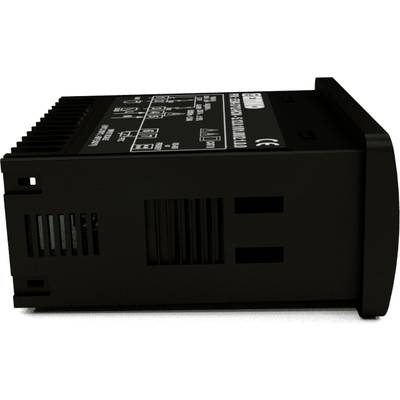 Ein rechteckiges, schwarzes elektronisches Gerät, möglicherweise ein Thermostatregler, mit Lüftungsschlitzen und technischen Details oben.