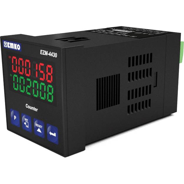 Elektronischer Zähler von EMKO, Modell EZM-4430, mit digitalen Anzeigen für zwei Werte. Tasten für Einstellungen und Reset unten.