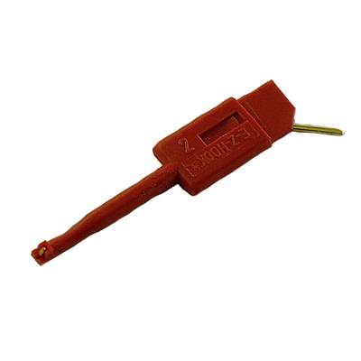 Ein rotes Kunststoffwerkzeug mit Metallspitze, KNIPEX 97 99 272 markiert, dient zum Entriegeln von Kabelschuhen.