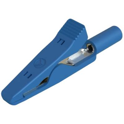 'Blaue Krokodilklemme aus Kunststoff mit Metallkontakt, seitliche Ansicht. Verwendet für elektrische Verbindungen oder als Halter.'