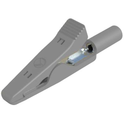 Eine graue Krokodilklemme mit geriffelter Spitze und metallischer Innenfläche, dient zum sicheren Verbinden von elektrischen Kabeln.
