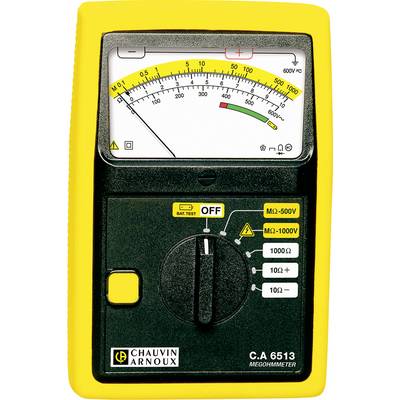 Ein gelbes Megohmmeter, Modell C.A 6513 von Chauvin Arnoux, zeigt eine analoge Skala von 0 bis 600 V und verschiedene Messbereiche.