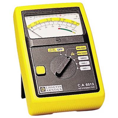 Ein gelbes Megohmmeter mit analoger Anzeige und Drehschalter für Testspannungen bis 1000V. Marke 'Chauvin Arnoux'.
