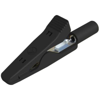 Eine schwarze Krokodilklemme mit geriffeltem Griff und Metallbacken, die zum elektrischen Anschluss oder Testen verwendet wird.