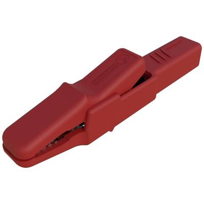 Eine rote Krokodilklemme, mit Plastikgehäuse, hauptsächlich zur Befestigung an elektrischen Leitern verwendet.