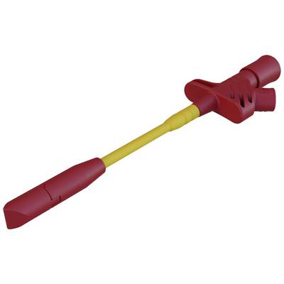 Ein rot-gelber Kunststoffschraubendreher mit ergonomischem Griff liegt auf weißem Hintergrund.